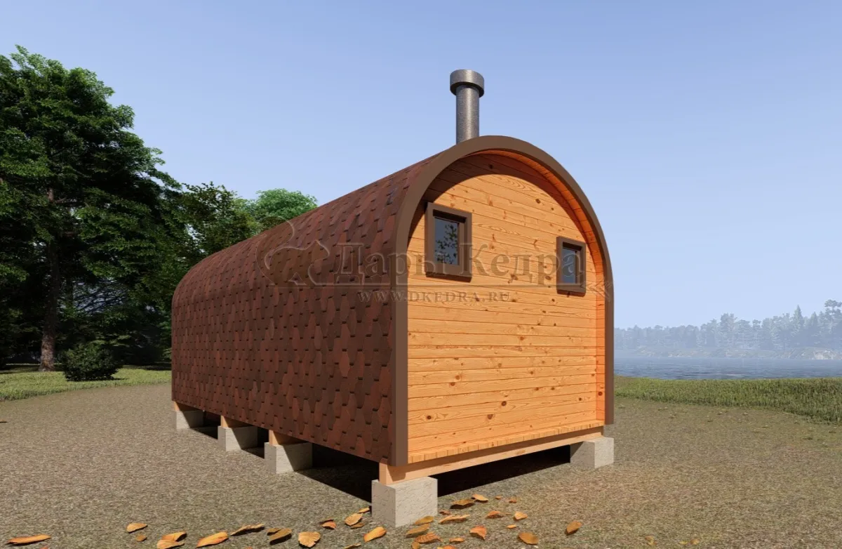 Баня-бочка буханка из кедра 6 метров с верандой