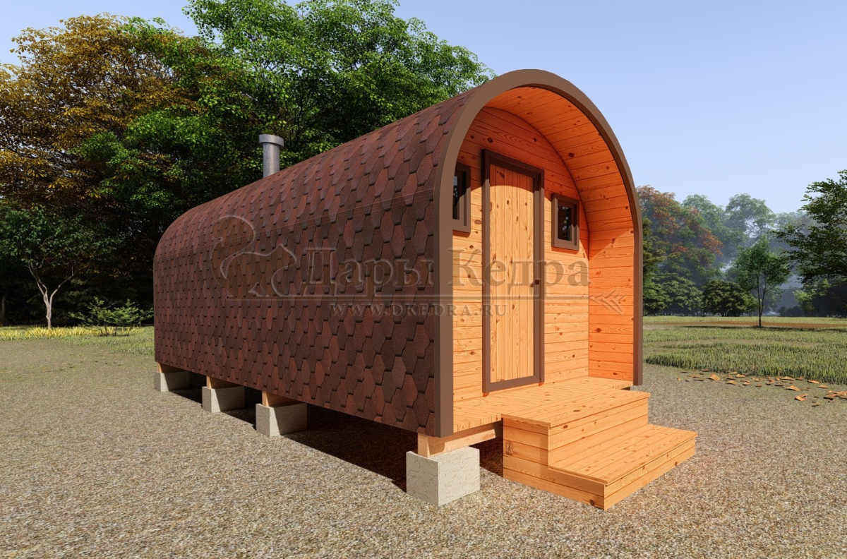 Баня-бочка буханка из кедра 6 метров с верандой